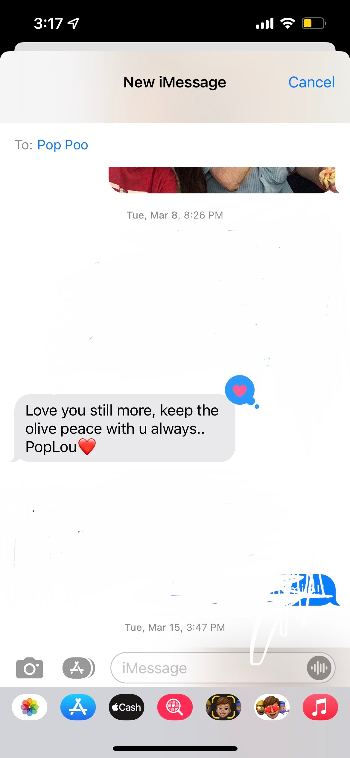 Texts exchanged between Paige and her Grandfather, Popou. He says, "Love you still more, keep the olive peace with you always... PopLou. Photo credit to Paige DeAngelo